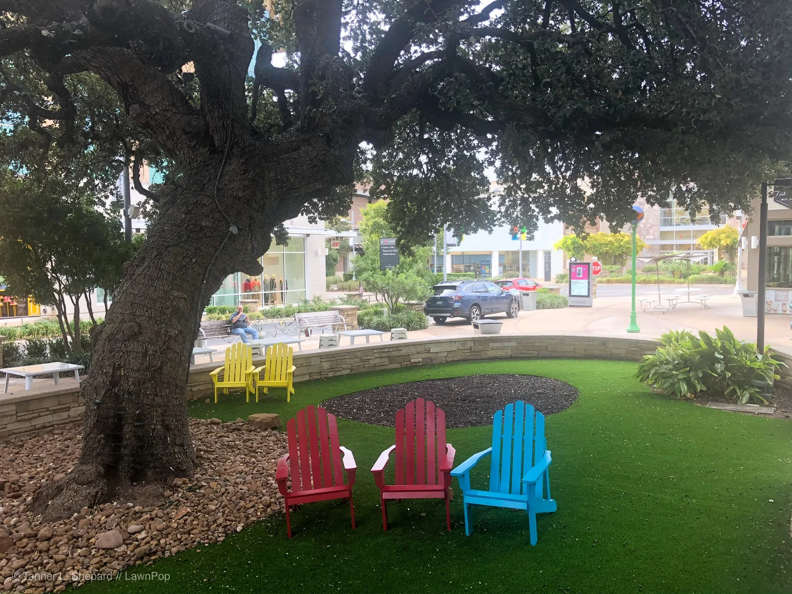 Colorful Adirondack chairs on artificial turf under a live oak at a retail plaza
