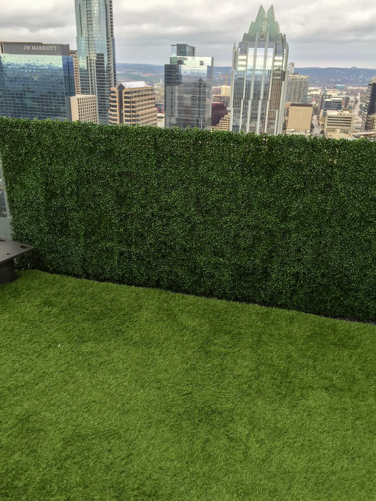 Artificial turf and a living hedge wall against the Austin skyline
