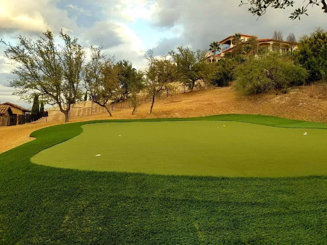 Custom backyard putting green with a fringe and a flag, installed by LawnPop in Austin